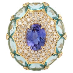 Apatite & Tanzanite Cocktail Ring With Diamonds Made In 18k Yellow Gold