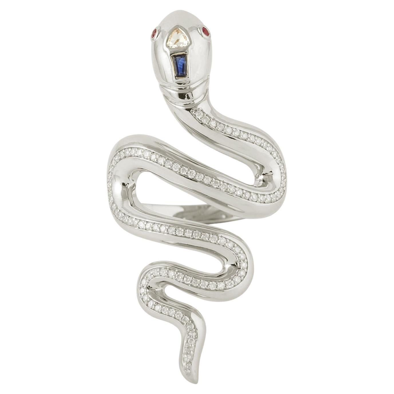 Snake Shaped Ring With Ruby , Sapphire & Diamonds Made In 14k White Gold For Sale
