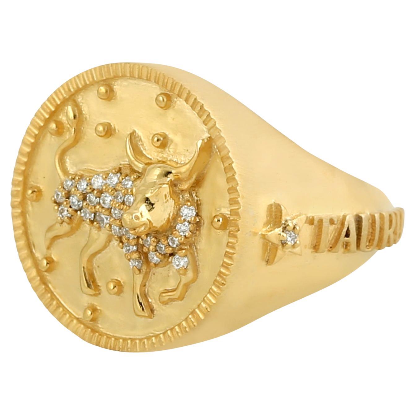Taurus Zodiac Ring With Pave Diamonds Made in 14k Yellow Gold For Sale