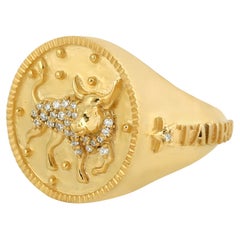 Taurus Zodiac Ring With Pave Diamonds Made in 14k Yellow Gold