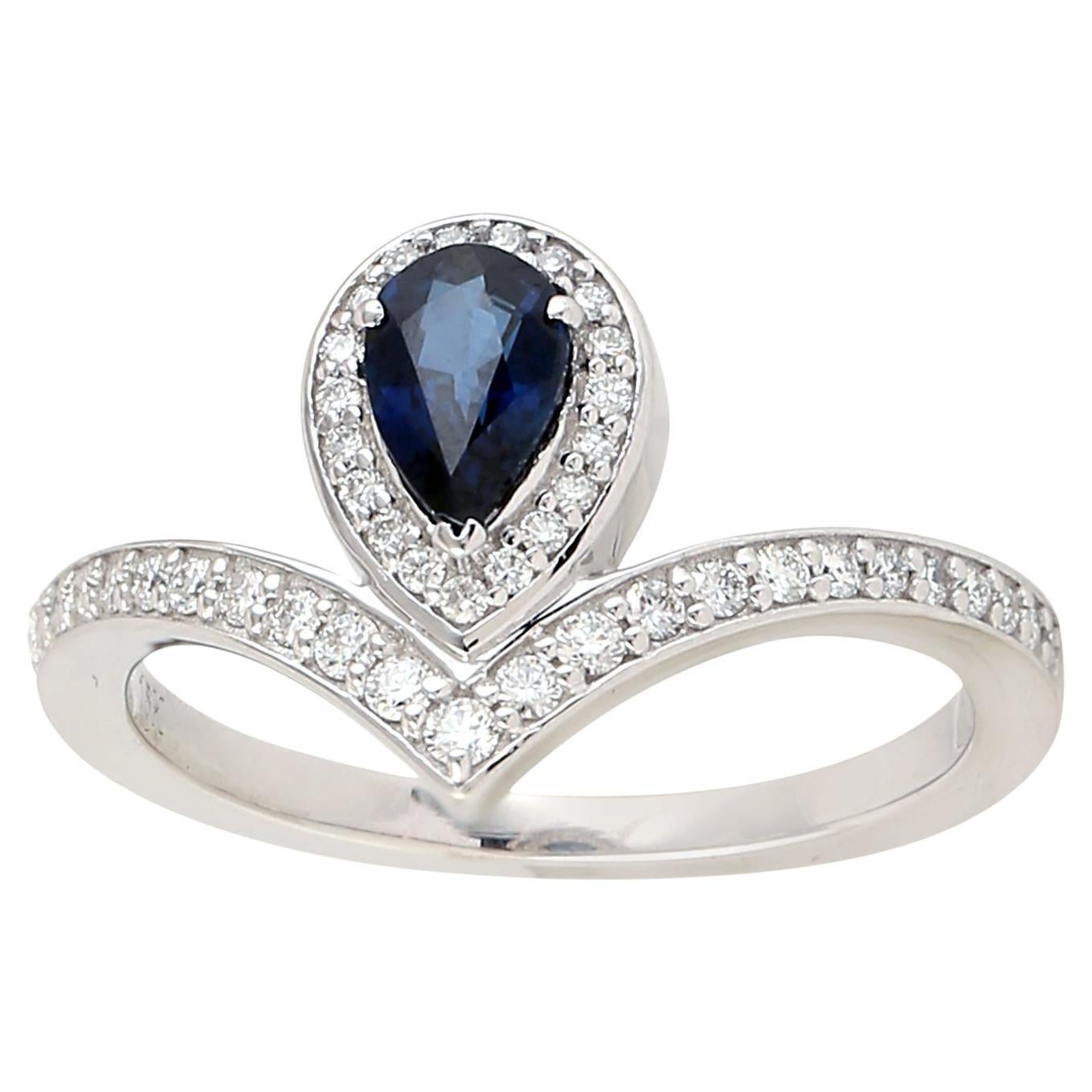 Pear Shaped Center Stone Sapphire Ring With Diamonds Made In 18k Gold For Sale
