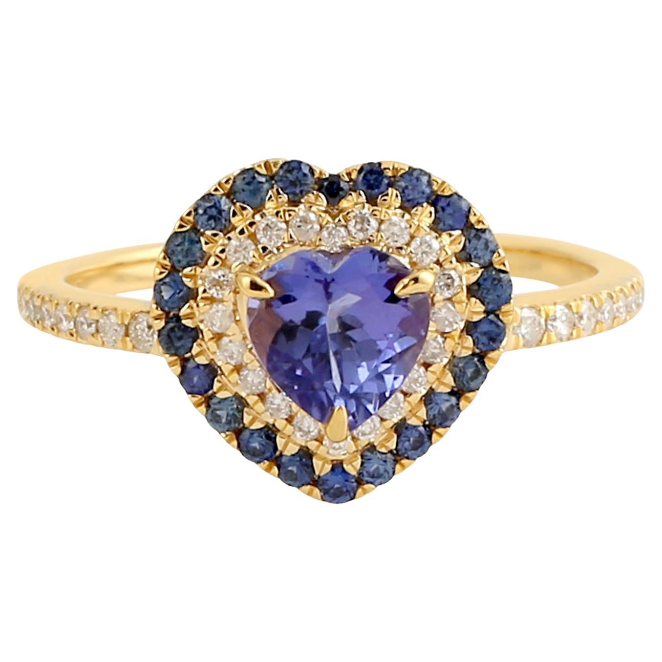 Heart Shaped Tanzanite Ring With Sapphire & Diamonds Made In 18k Yellow Gold