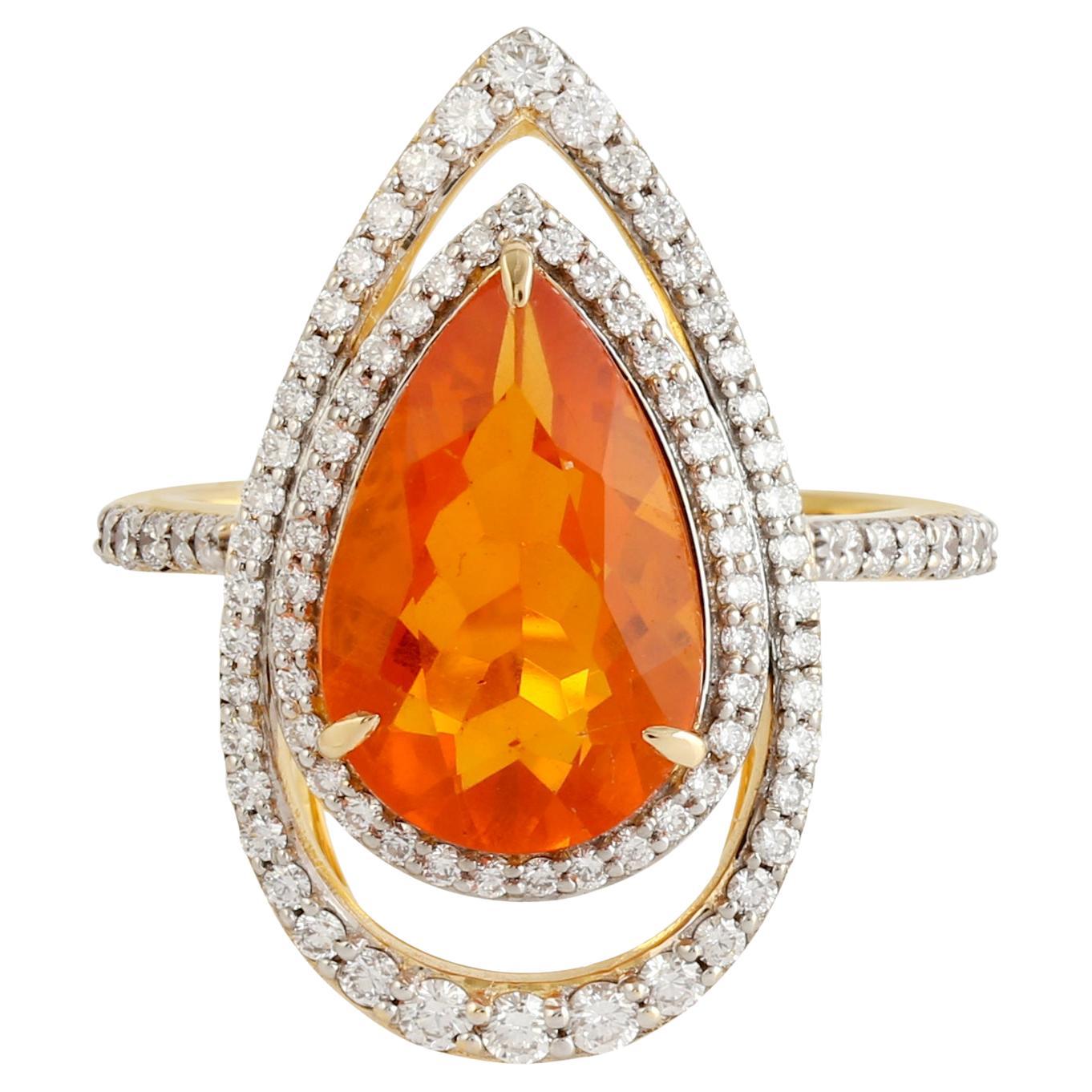 Pear Shaped Fire Opal Cocktail Ring With Diamonds Made In 18k Yellow Gold For Sale