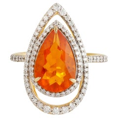 Pear Shaped Fire Opal Cocktail Ring With Diamonds Made In 18k Yellow Gold