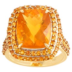 Cushion Shaped Fire Opal Cocktail Ring w/ Garnet & Diamonds Made In 18k Gold