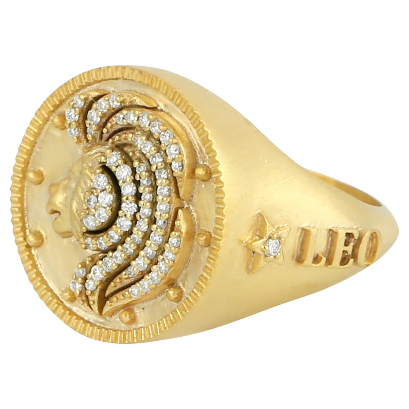 Leo Zodiac Ring With Pave Diamonds Made in 14k Yellow Gold For Sale