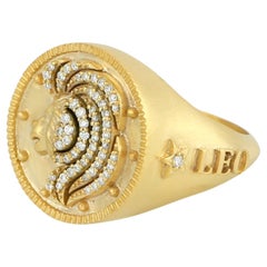 Leo Zodiac Ring With Pave Diamonds Made in 14k Yellow Gold