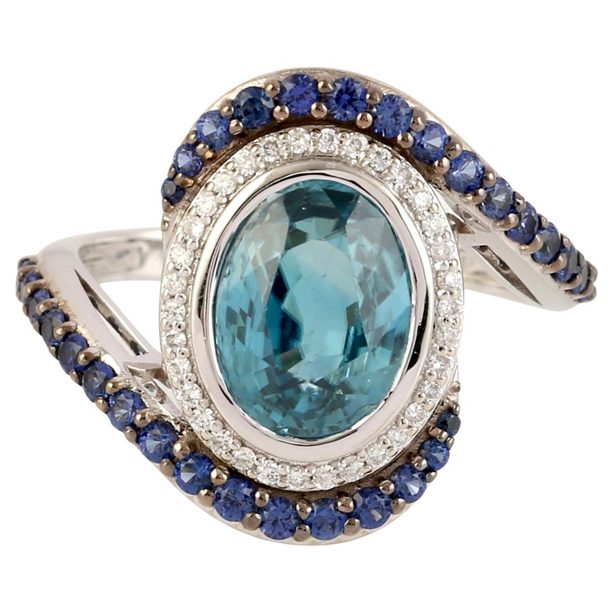 Blue Zircon & Sapphire Ring With Diamonds Made In 18k Gold For Sale