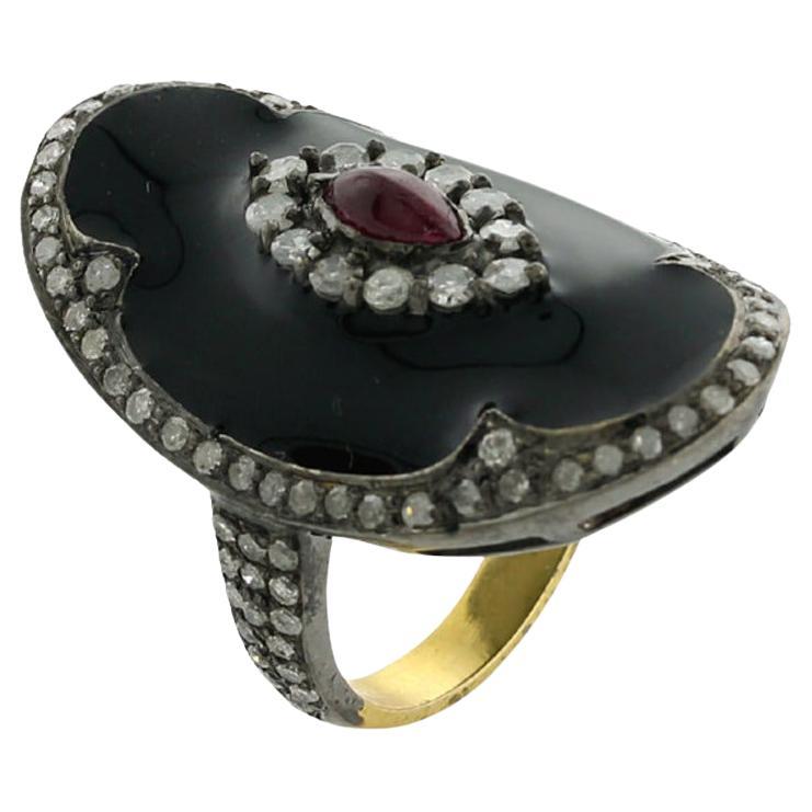 Pave Diamond Black Enamel Ring With Ruby Made In 18k Yellow Gold & Silver For Sale