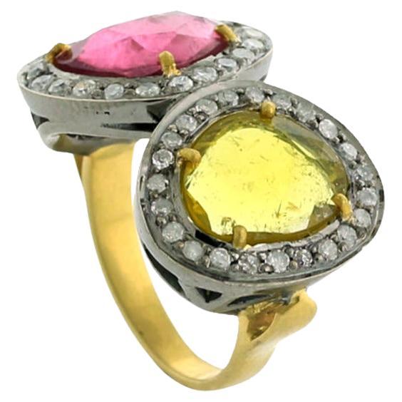 Multicolored Tourmaline Ring With Diamonds Made In 18k Gold & Silver For Sale