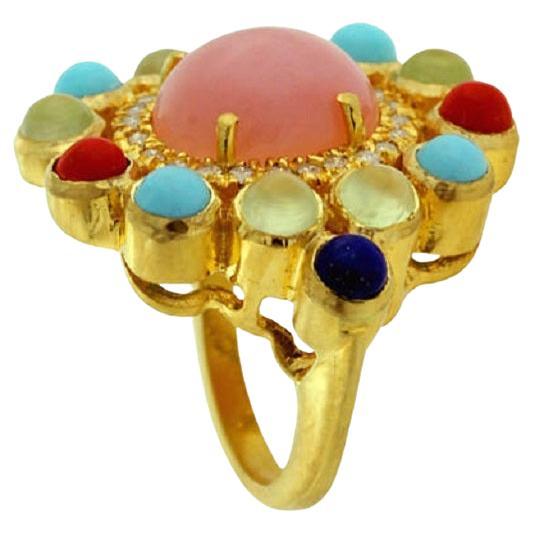 Flower Shaped Multi Stone Ring With Diamonds Made In 18k Gold For Sale