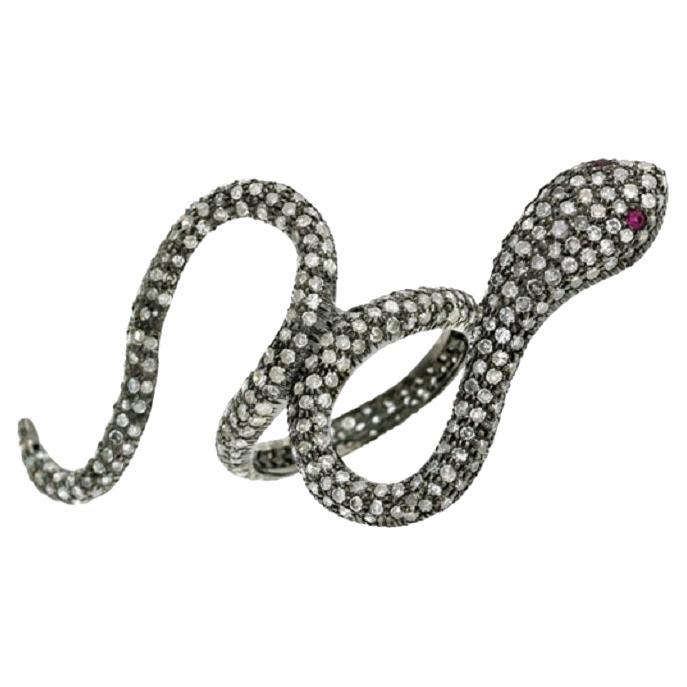 Pave Diamonds Snake Shaped Ring With Ruby Eyes For Sale