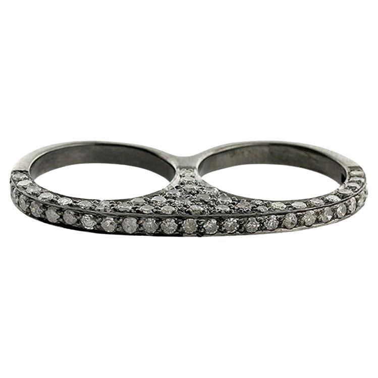 Pave Diamond Two Finger Ring In Silver For Sale