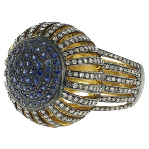 Pave Blue Sapphire & Diamonds Ring Made In 14k Gold For Sale
