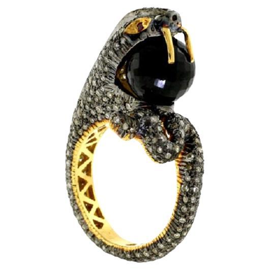 Pave Diamonds Snake Shaped Ring w/ Ruby Eyes & Black Onyx Made In Gold & Silver For Sale