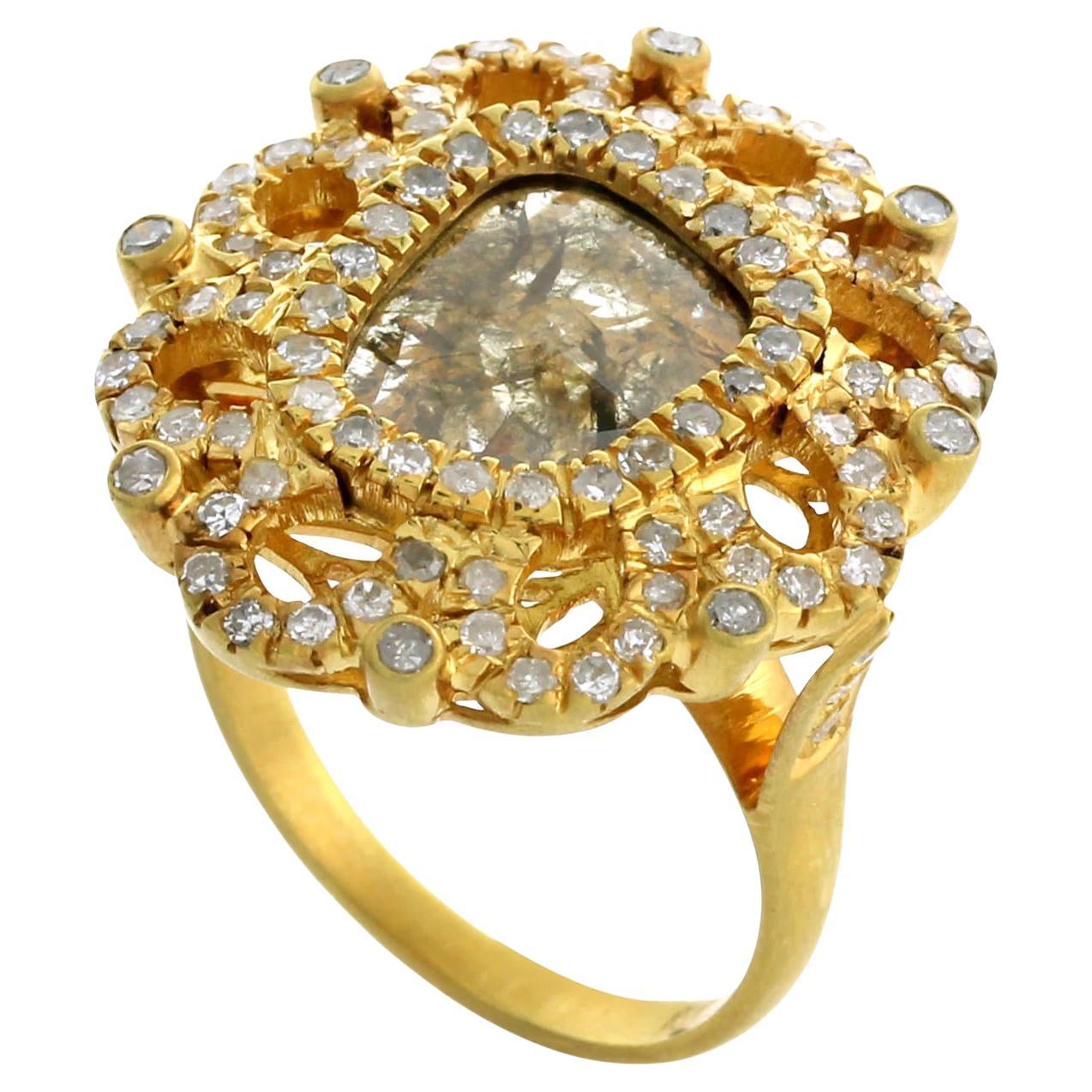 Slice Daimond Cocktail Ring With Pave Diamond Made In 18k Yellow Gold For Sale