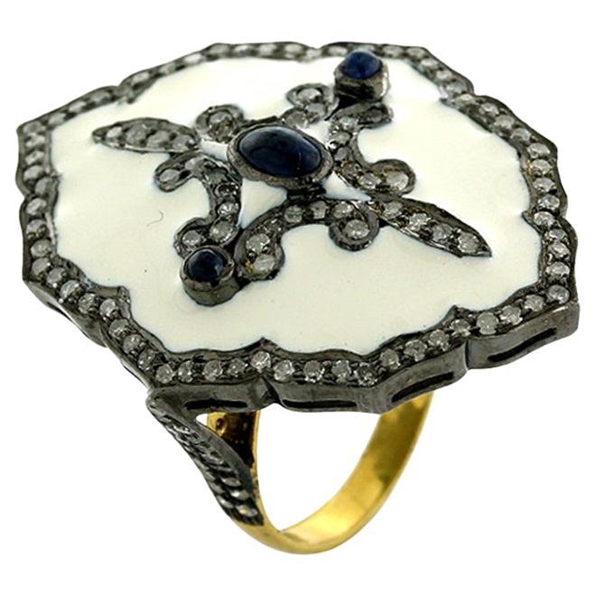Pave Diamond Enamel Ring With Blue Sapphire Made In 18k Gold & Silver For Sale