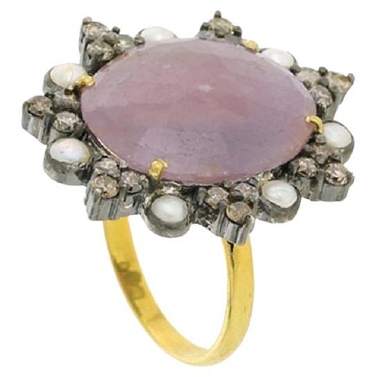7.5ct Pink Sapphire Cocktail Ring With Pearl & Diamonds Made In 18k Gold For Sale