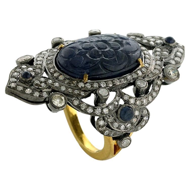 12.5ct Blue Sapphire Cocktail Ring With Pave Diamond Made In 18k Gold & Silver For Sale
