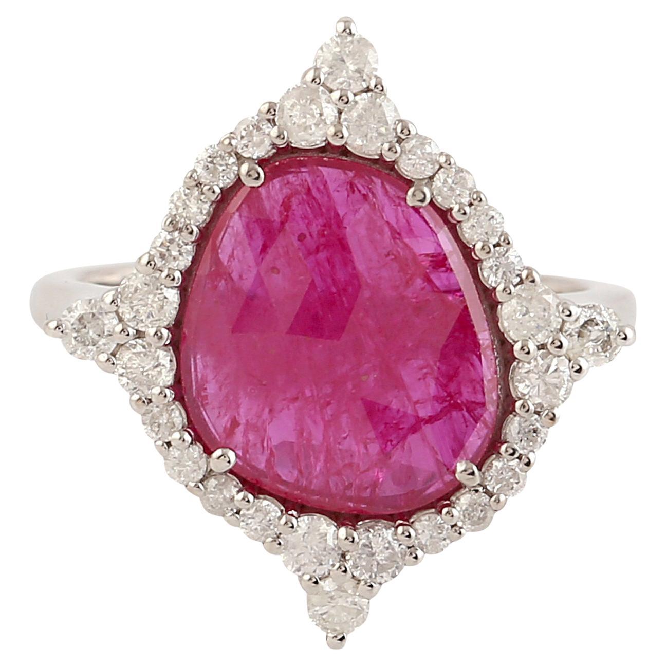 Ruby Cocktail Ring With Diamonds Made In 18k White Gold For Sale