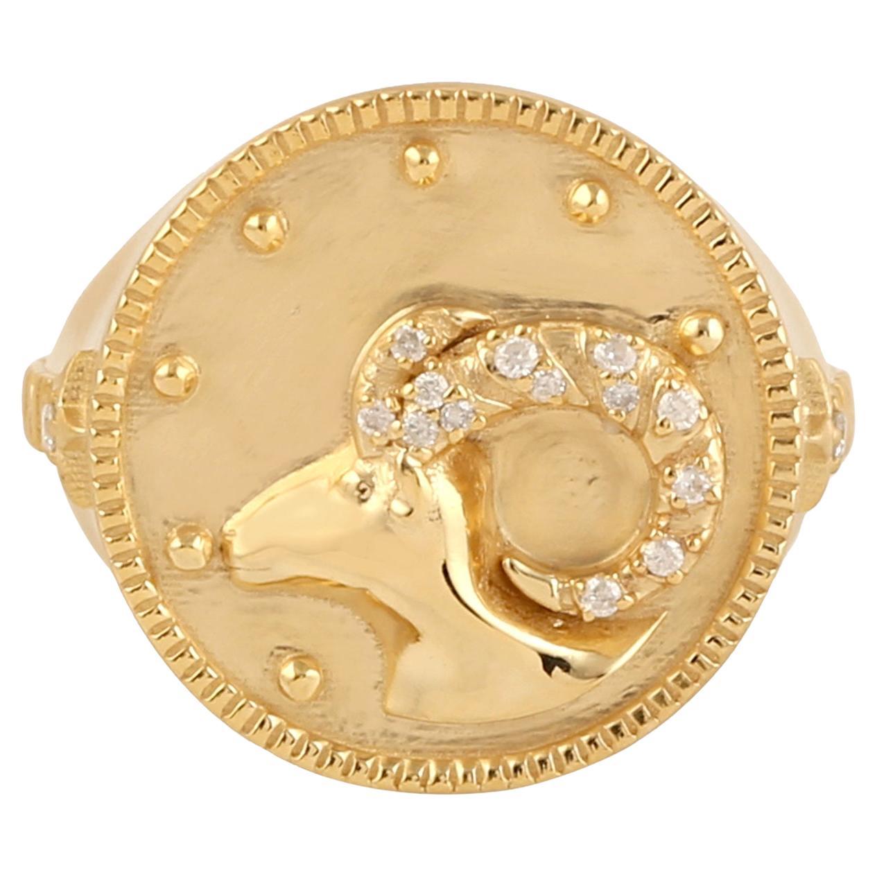 Aries Zodiac Ring With Pave Diamonds Made in 14k Yellow Gold