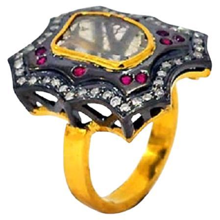 Center Stone Rose Cut Diamond Cocktail Ring With Ruby Made In 14k Gold & Silver For Sale