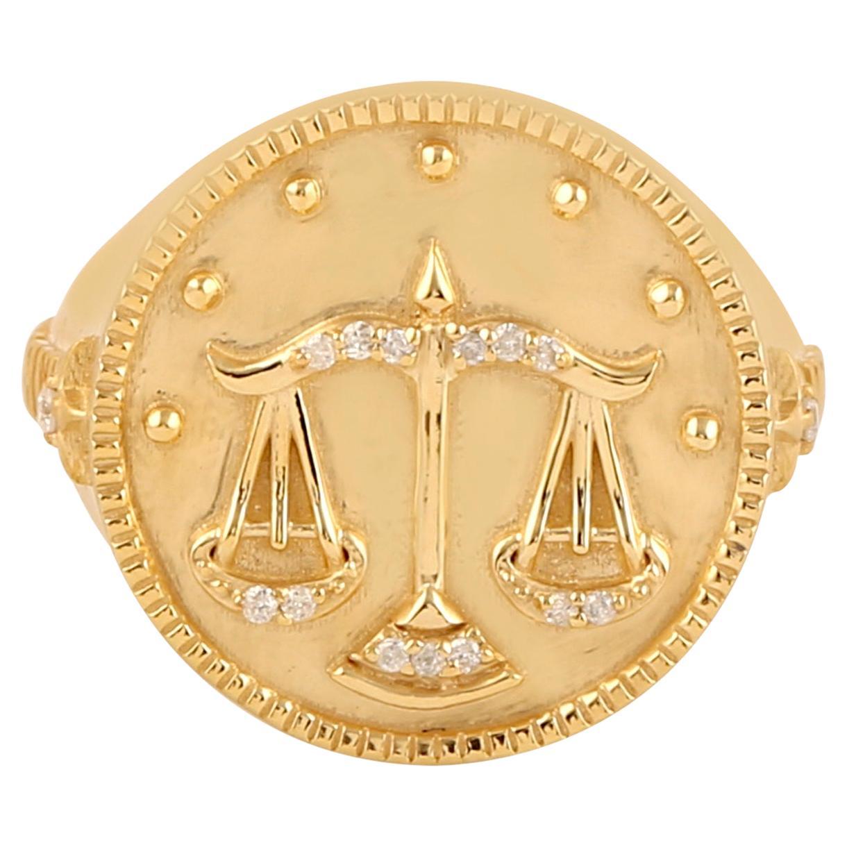 Libra Zodiac Ring With Pave Diamonds Made in 14k Yellow Gold For Sale
