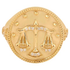 Libra Zodiac Ring With Pave Diamonds Made in 14k Yellow Gold