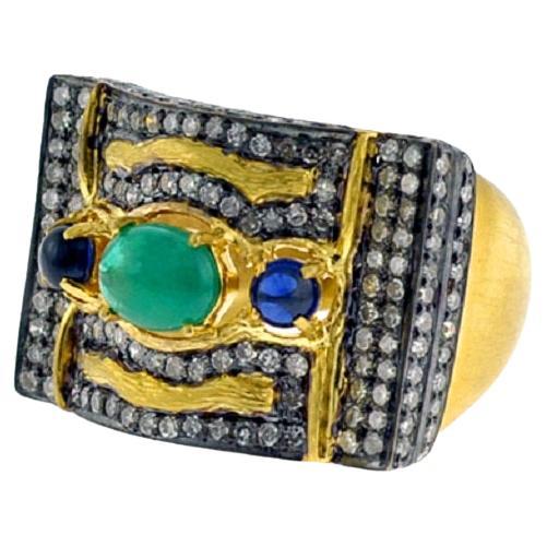 Pave Diamond Ring With Emerald & Sapphire Made In 18k Gold & Silver For Sale