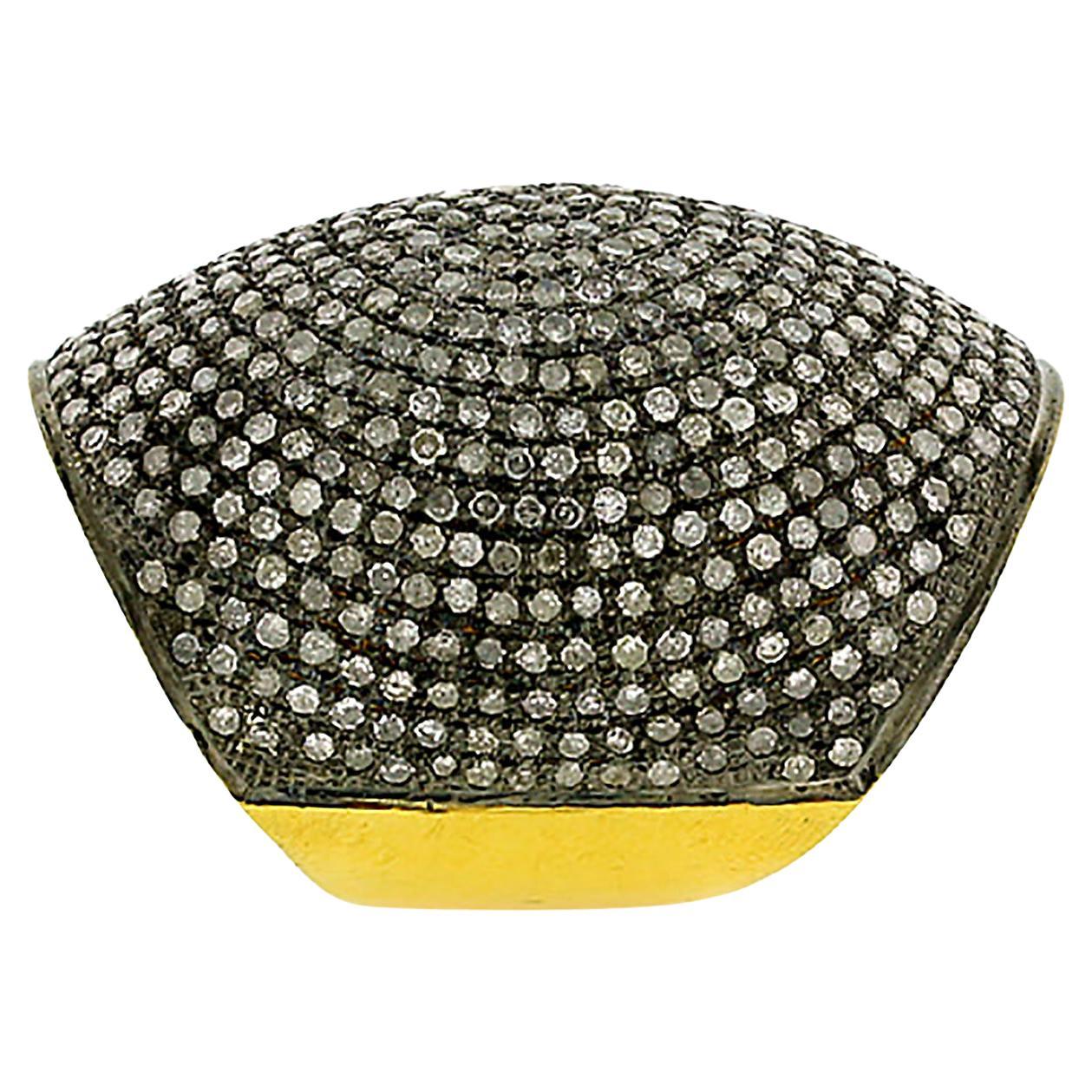 Schwarzer Pave Diamond Cocktail Dome Ring aus 14k Gelbgold & Silber