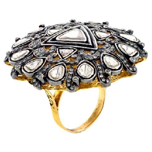 Multishaped Rose Cut Diamond Cocktail Ring Made In 14k Gold & Silver For Sale