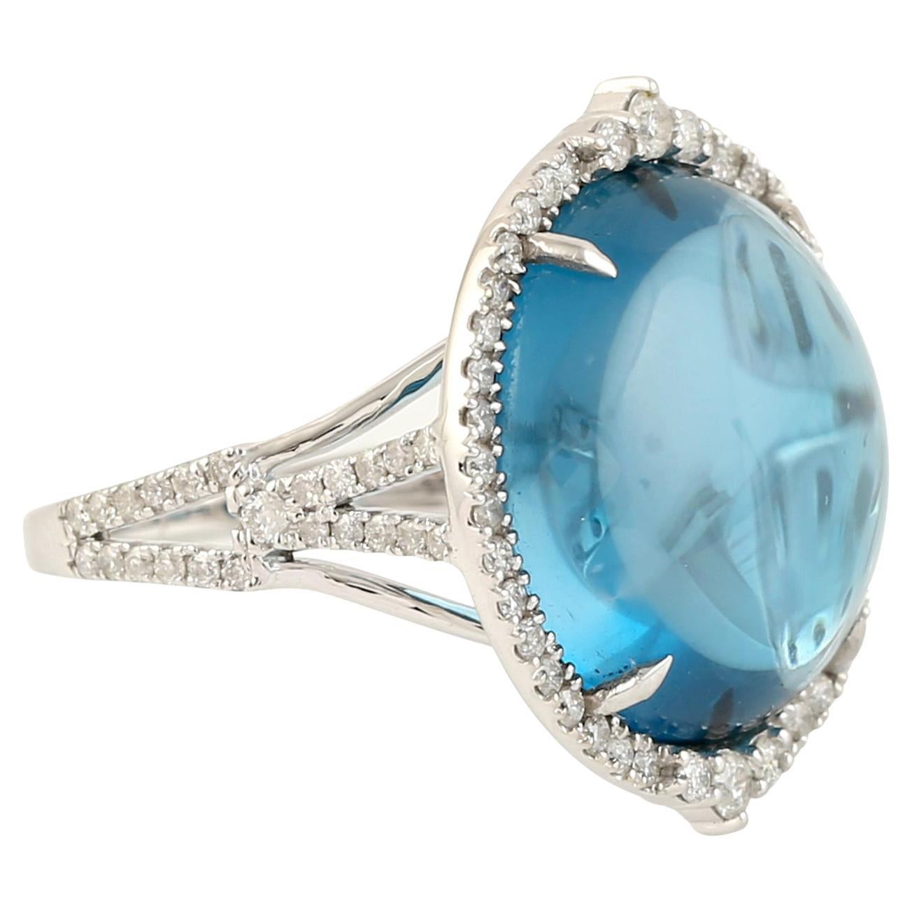 15.14 ct Oval Shaped Blue Topaz Cocktail Ring w/ Diamonds Made In 18k White Gold For Sale