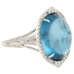 15.14 ct Oval Shaped Blue Topaz Cocktail Ring w/ Diamonds Made In 18k White Gold