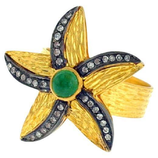 18k Gold & Silver Starfish Shaped Ring Accented With Emerald & Black Diamonds For Sale