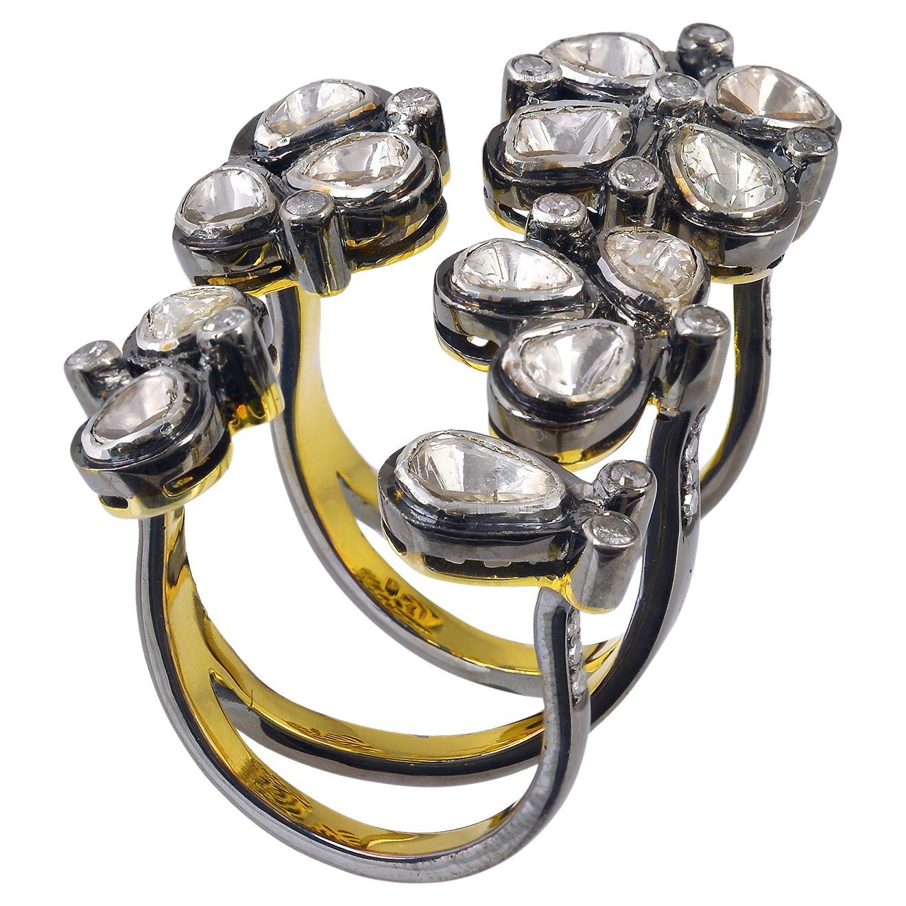 Rosecut Diamonds Flower Resembling Long Ring Made In 18k yellow Gold & Silver