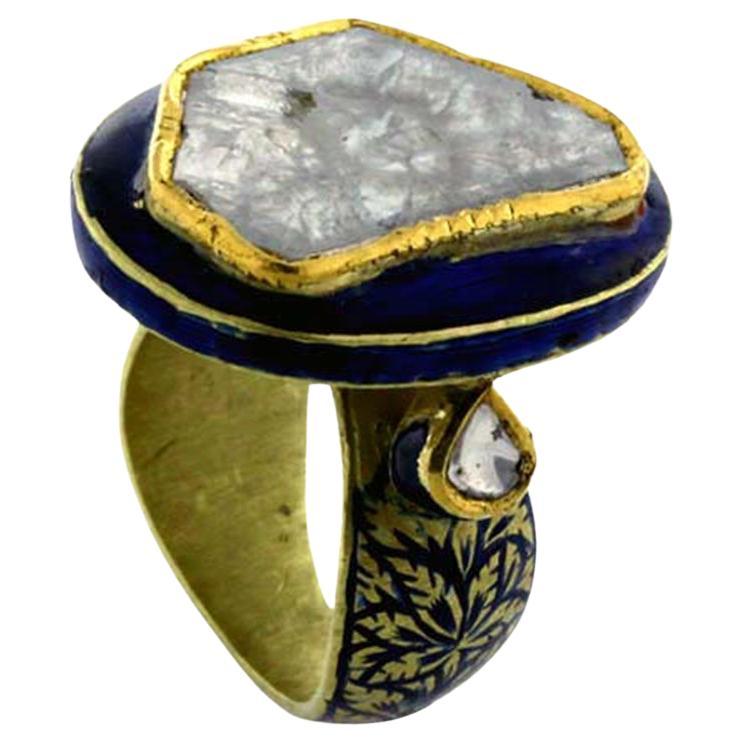 Rosecut Diamonds Cocktail Ring With Blue Enamel Made In 18k Gold & Silver For Sale