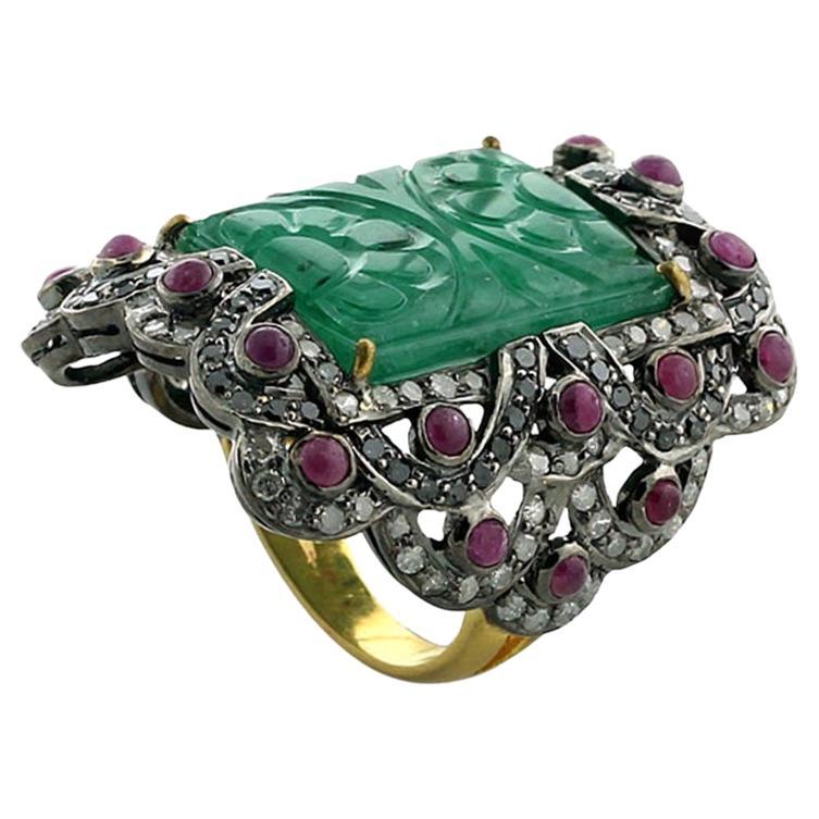 14.35 ct Carved Emerald Cocktail Ring With Ruby & Diamonds In 18k Gold & Silver For Sale