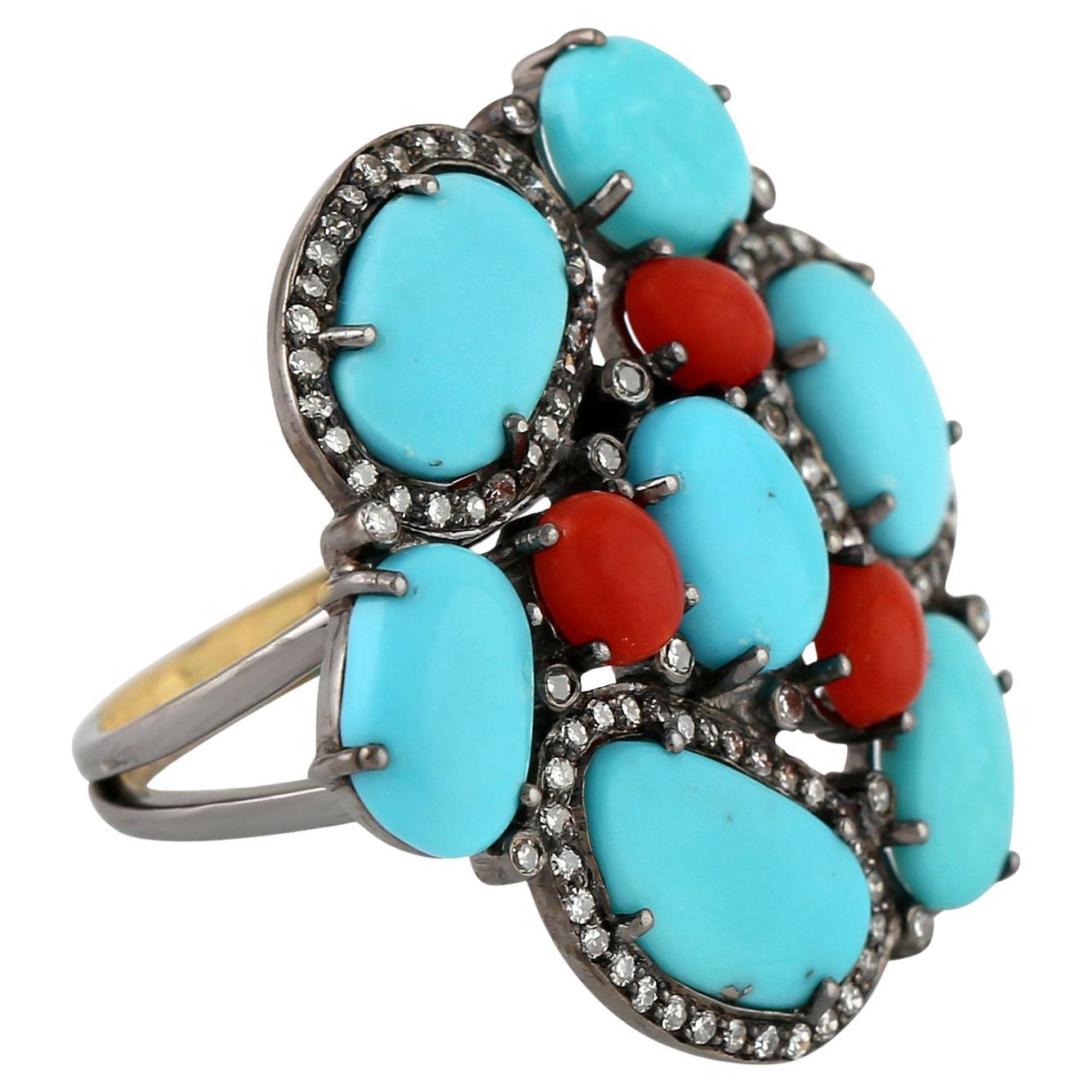 Turquoise & Coral Ring With Pave Diamonds Made In 18k Gold & Silver For Sale