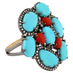 Turquoise & Coral Ring With Pave Diamonds Made In 18k Gold & Silver