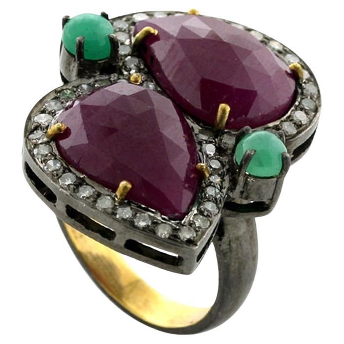 11.5ct Pear Shaped Ruby Ring With Emerald & Diamond In 18k Gold & Silver