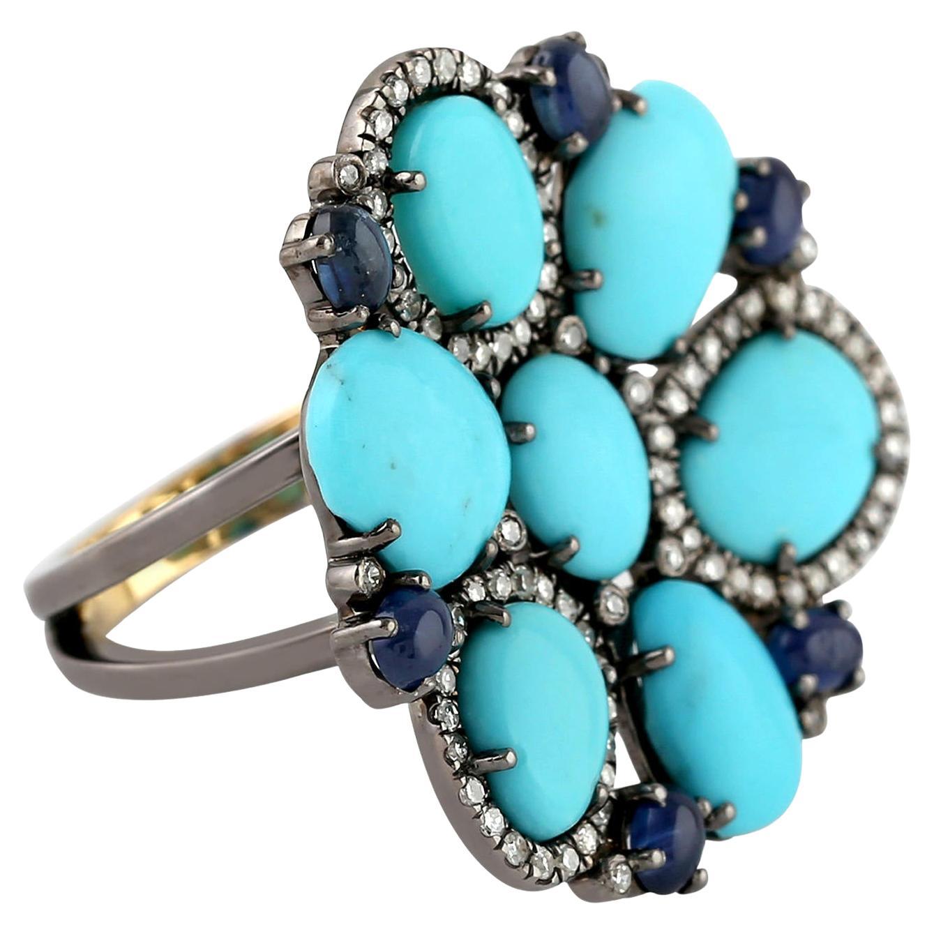 7.48ct Oval Shaped Turquoise Ring With Blue Sapphire & Diamonds In 18k Gold  For Sale