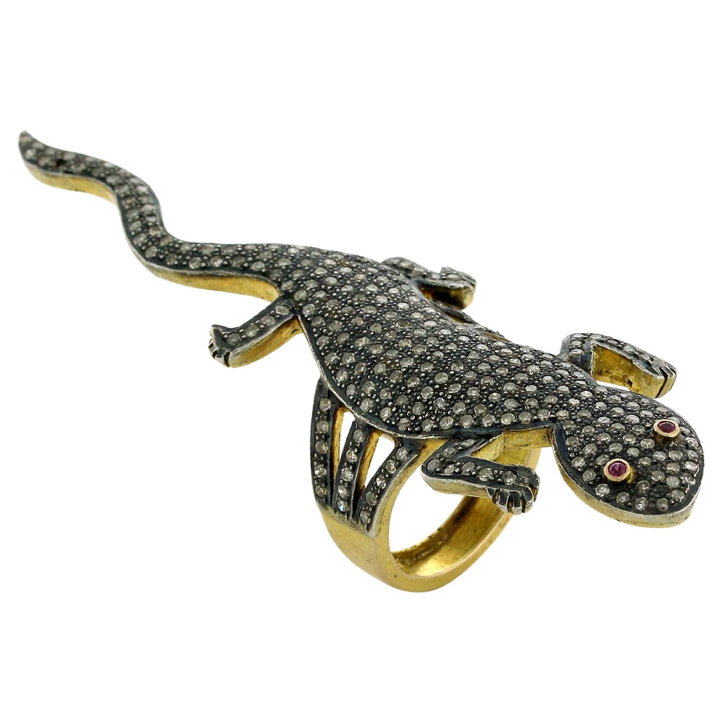 Lizard Shaped Pave Diamond Ring With Ruby Eyes Made In 14k Yellow Gold & Silver For Sale