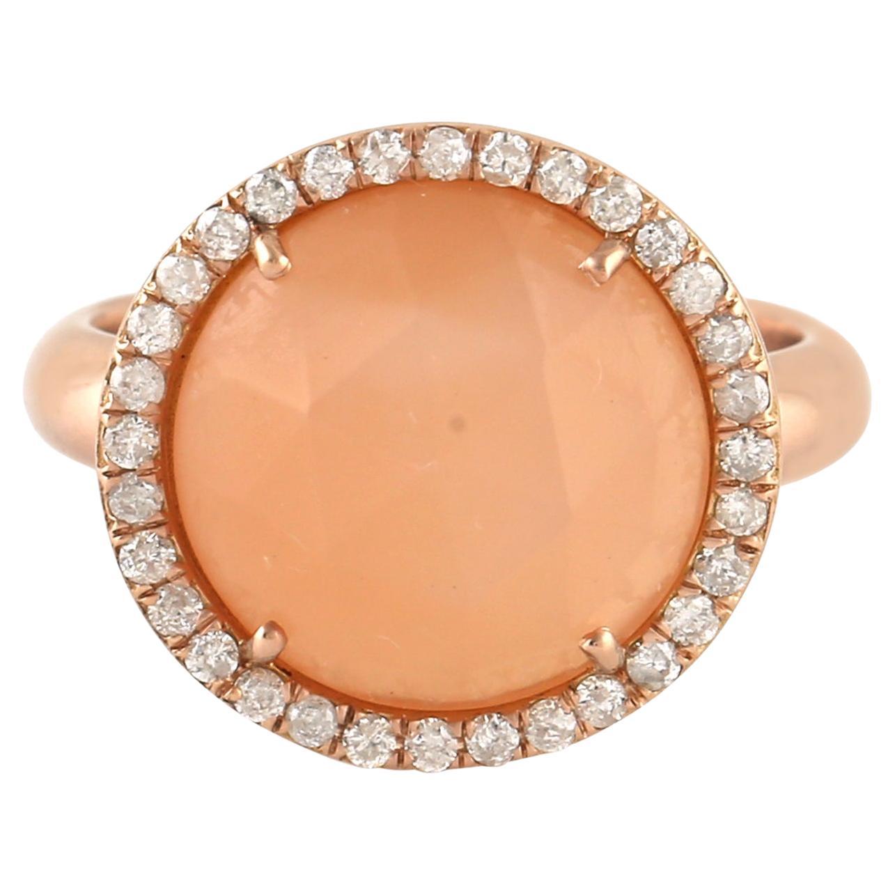 Moonstone Cocktail Ring With Pave Diamonds Made in 18k Rose Gold For Sale