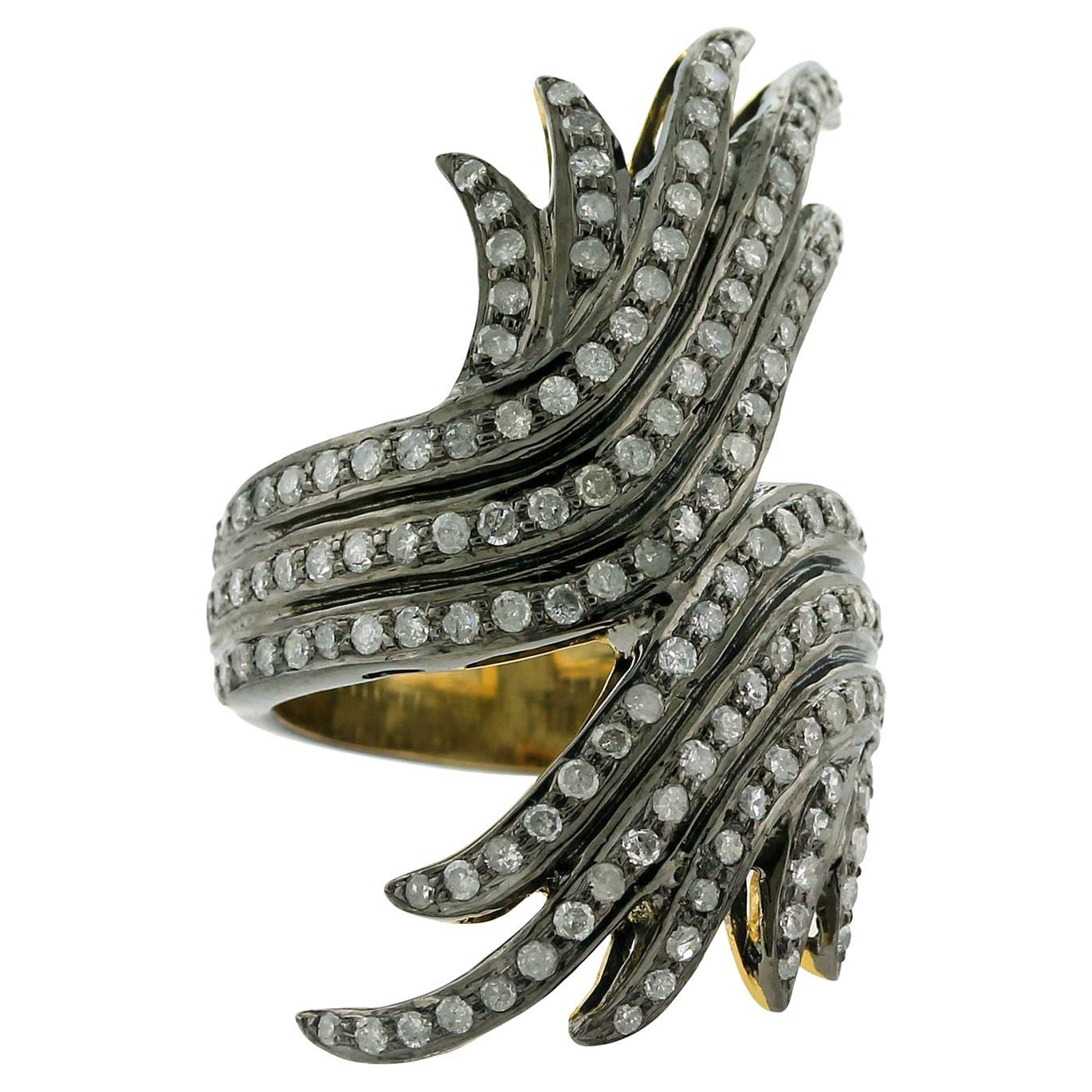 Pave Diamond Feather Long Ring Made In 18k Yellow Gold & Silver For Sale