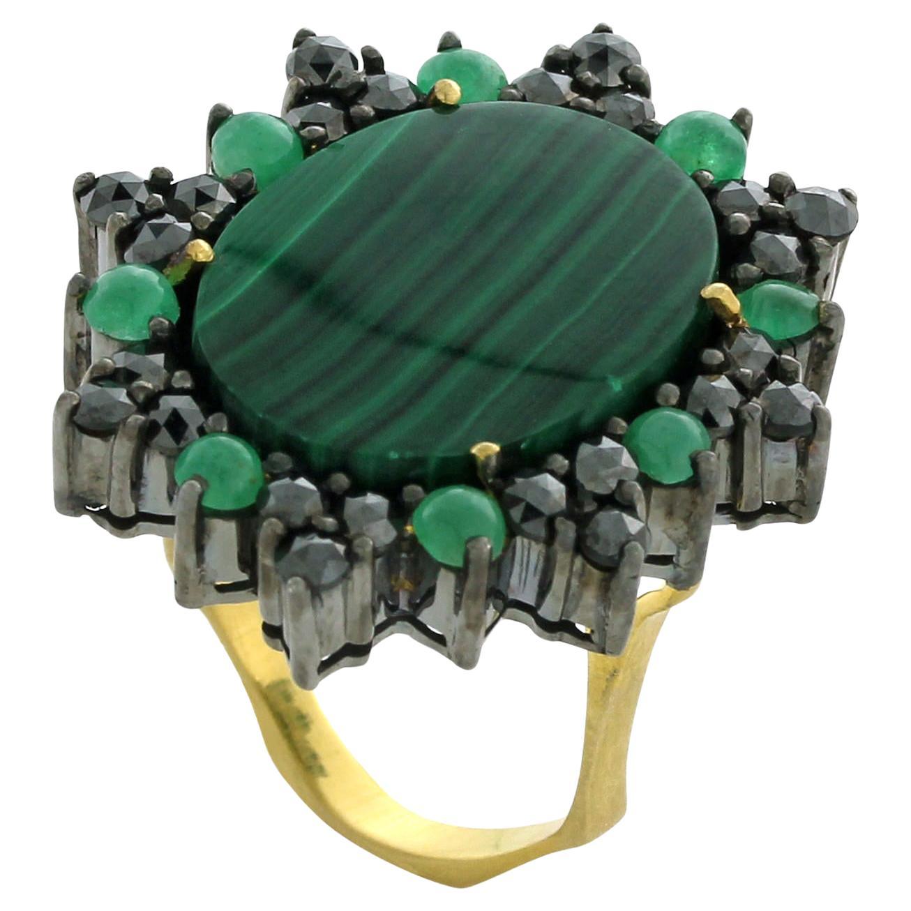 23.50ct Malachite Cocktail Ring With Emerald & Diamond Made In 18k Gold & Silver For Sale