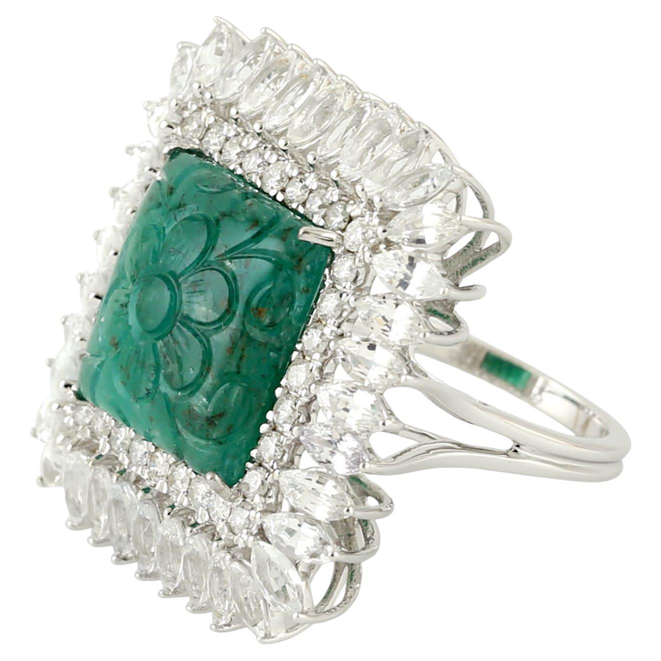 7.21 ct Carved Emerald Cocktail Ring With White Sapphire & Diamonds In 18k Gold For Sale