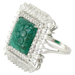 7.21 ct Carved Emerald Cocktail Ring With White Sapphire & Diamonds In 18k Gold