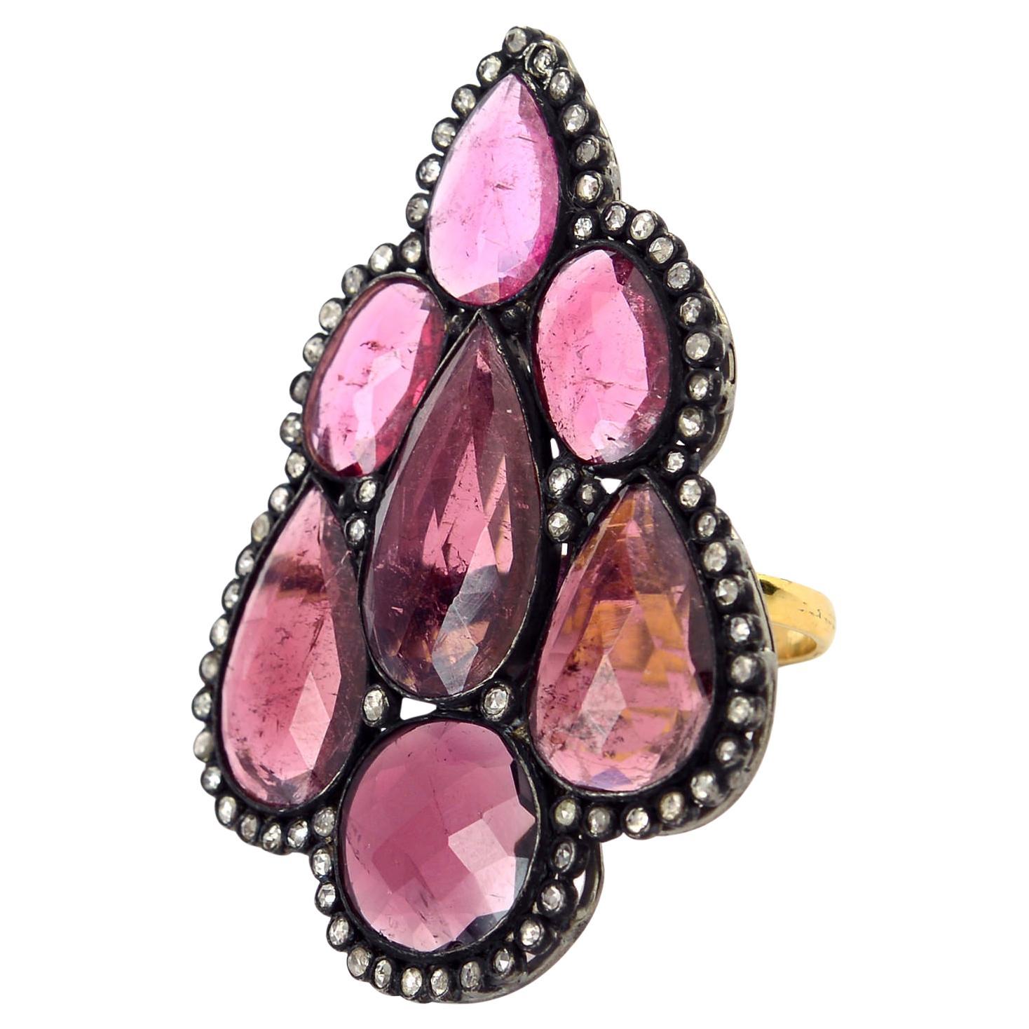 15.17ct Multishaped Pink Tourmaline Ring WIth Diamonds Made In 14k Gold & Silver For Sale