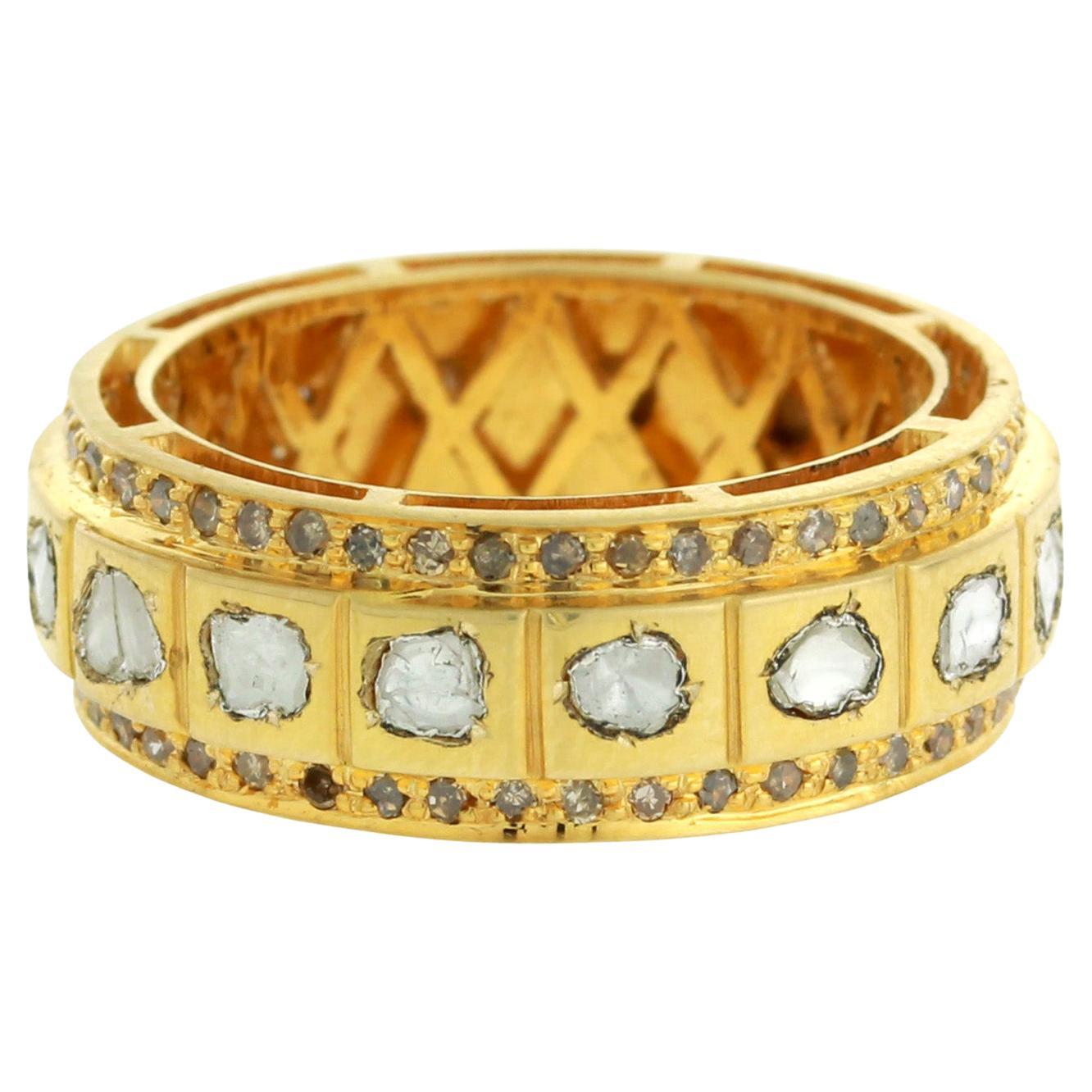 Rosecut Diamond Band Ring With Filigree Work On Interior Made In 18k Yellow Gold For Sale