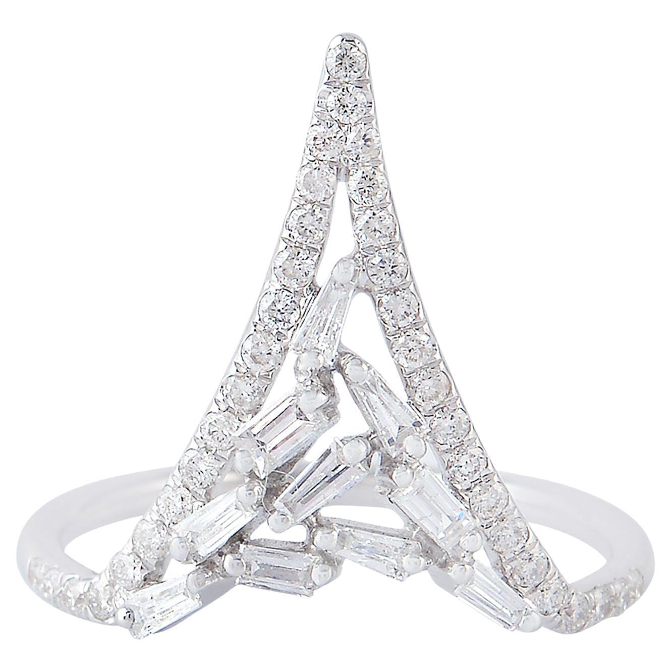 V Shaped Geometric Diamond Ring Made In 18k White Gold For Sale
